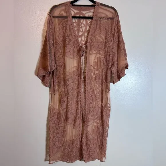NWT Bsubseach Kimono Cover up Duster tan/light brown One Size fits Medium to XL - Picture 4 of 10